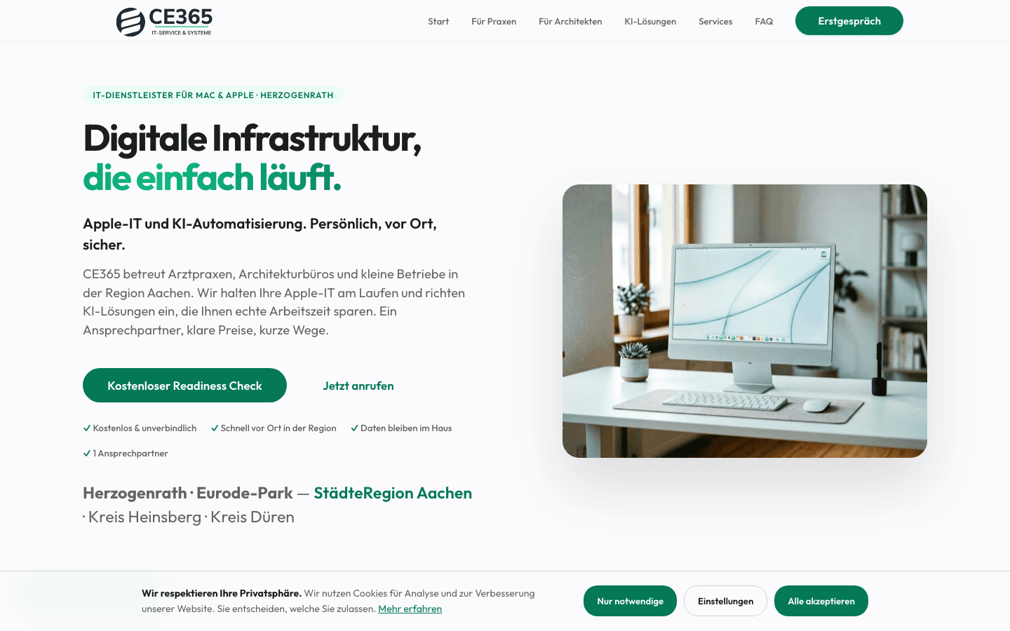 Bildschirmansicht der Website ce365.de, Apple-IT für Praxen und Architekten