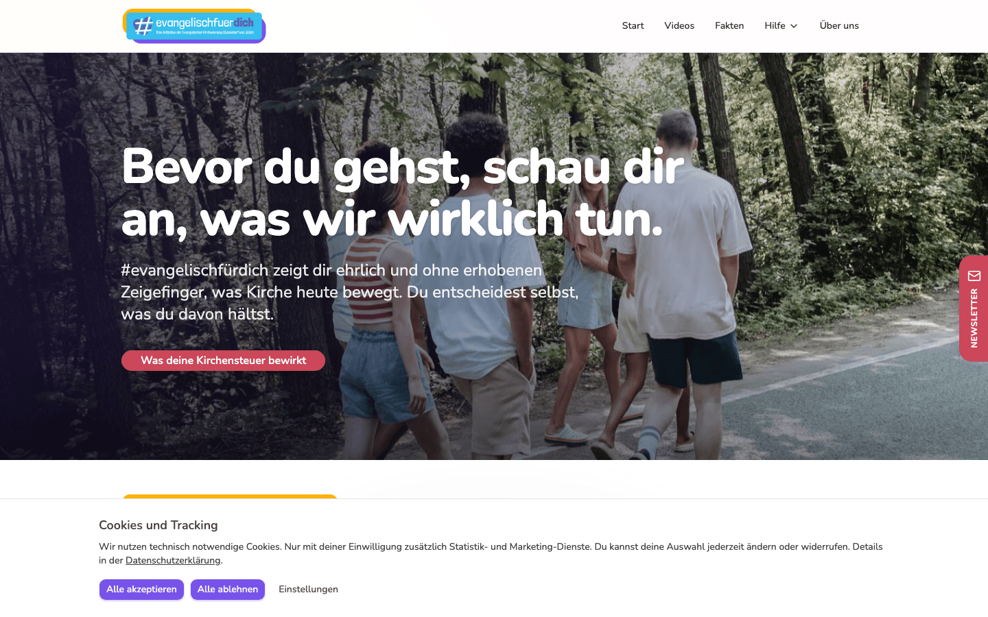 Bildschirmansicht der Website evangelischfuerdich.de, gebaut auf Kernorga