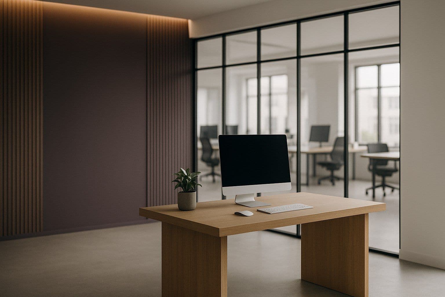 Modernes Büro mit Glaswand, Schreibtisch aus hellem Holz mit schlankem Bildschirm und pflaumefarbener Lamellenwand