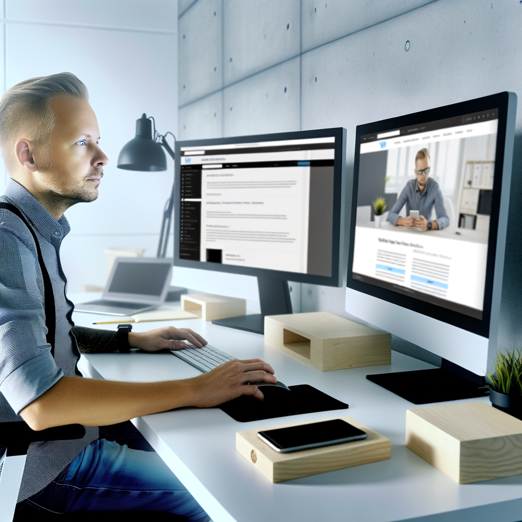 A professional european web designer working at a modern desk with dual monitors, one screen showing a WordPress dashboard and the other a beautiful business website layout, natural daylight, minimal office, casual tech outfit, clean and focused, realistic photo