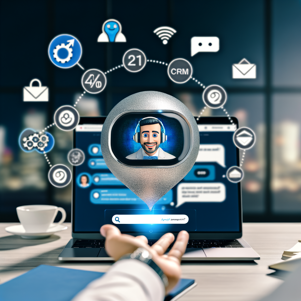 A website visitor interacting with an AI chatbot popup on a business website via laptop or tablet, screen shows chatbot bubble and response, modern interface, person smiling, clean tech workspace, subtle tech icons like funnel, 24/7 or CRM symbols in background, realistic lighting